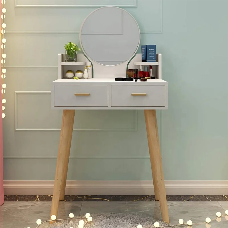 Convenient storage luxury nordic american style solid wood modern dressing table with mirror and durable metal hand 2 drawersles