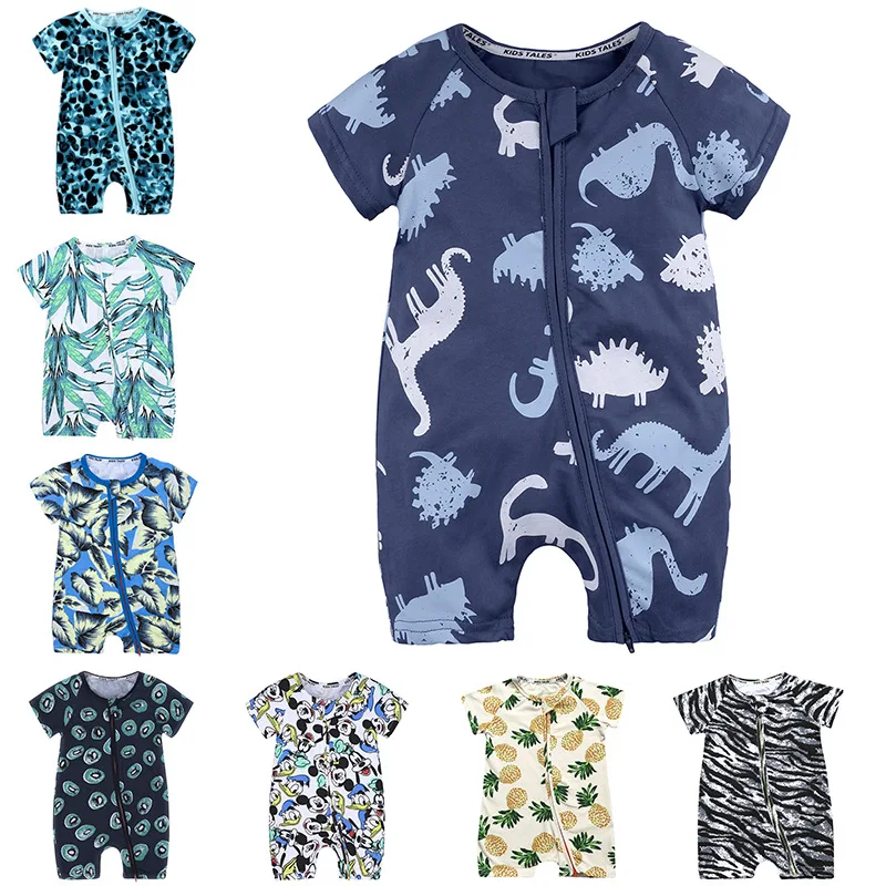  INS Amazon summer baby short sleeved clothes newborn print double zipper jumpsuit male climbing for a