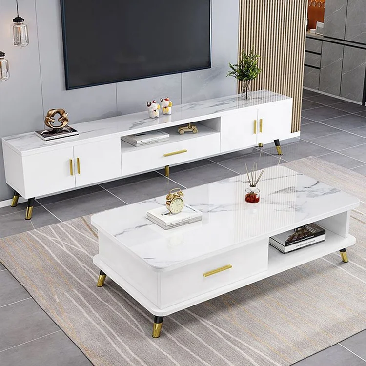 Wholesale tea table glass top coffee table with storage modern center table wooden tv stand set living room furniture tv unit