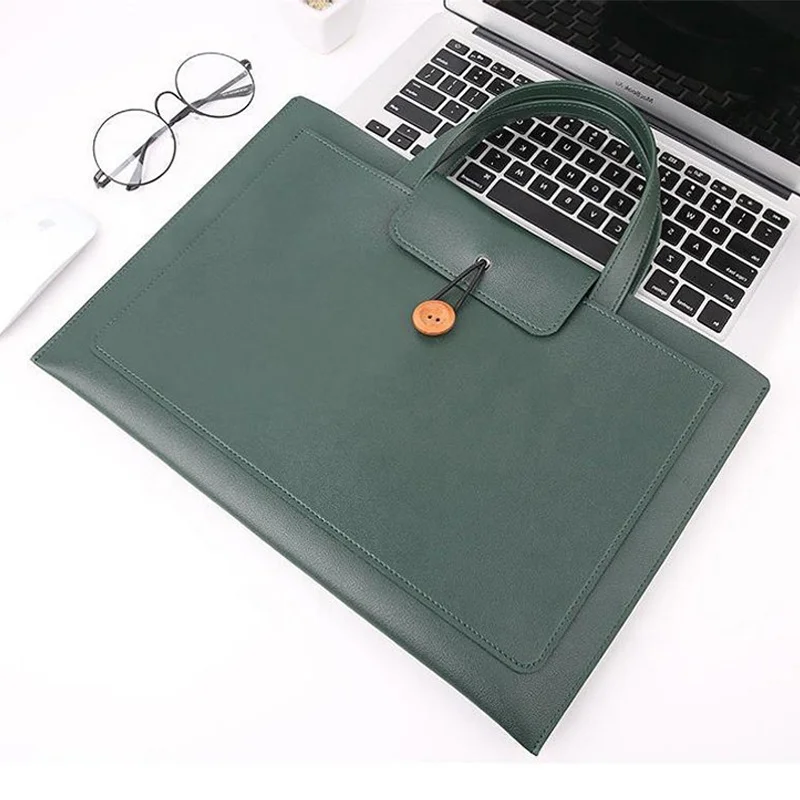 waterproof 13.3 Inch Portable  Large Capacity Button Handled Briefcase Carry Pu Leather Computer Laptop Bag
