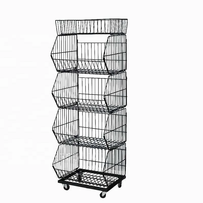 Supermarket metal retail stackable wire basket display rack stackable wire beveled basket