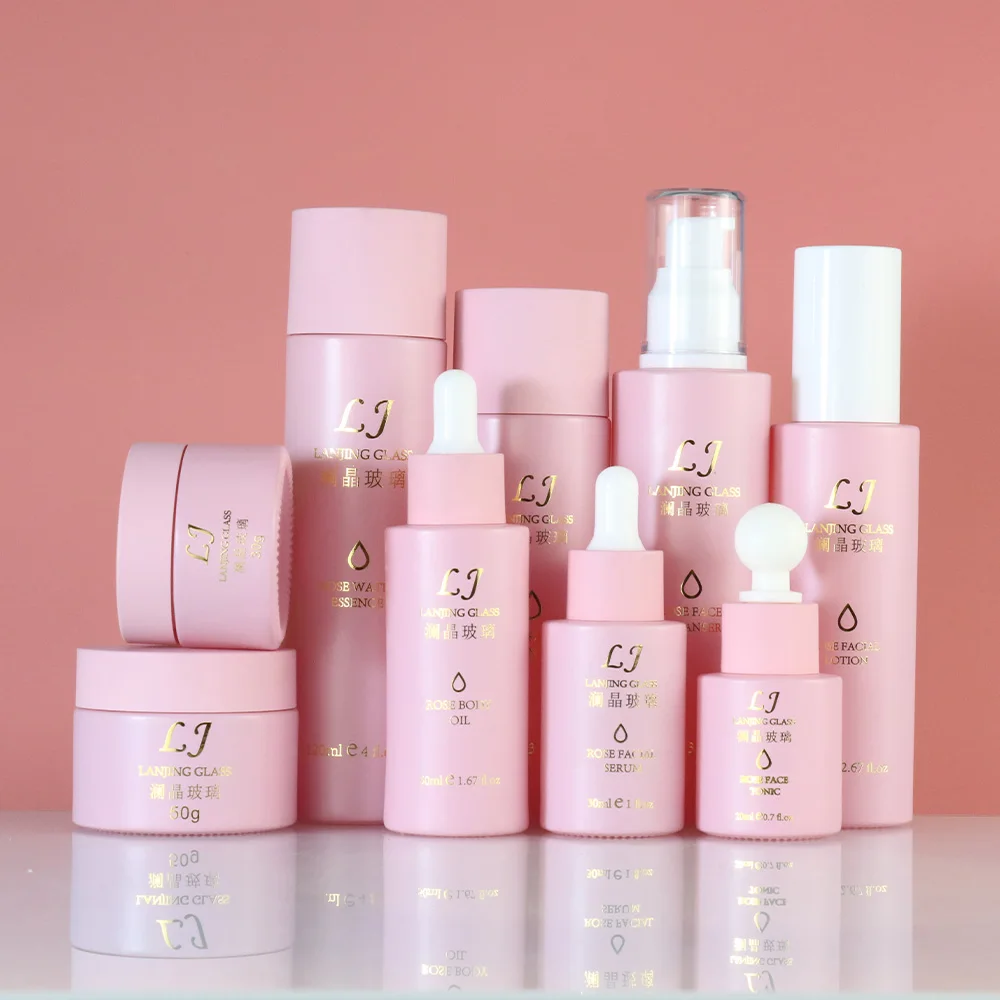 high quality make up set cosmetics 55g 40ml 100ml 120ml pink cosmetic lotion glass bottle packaging set