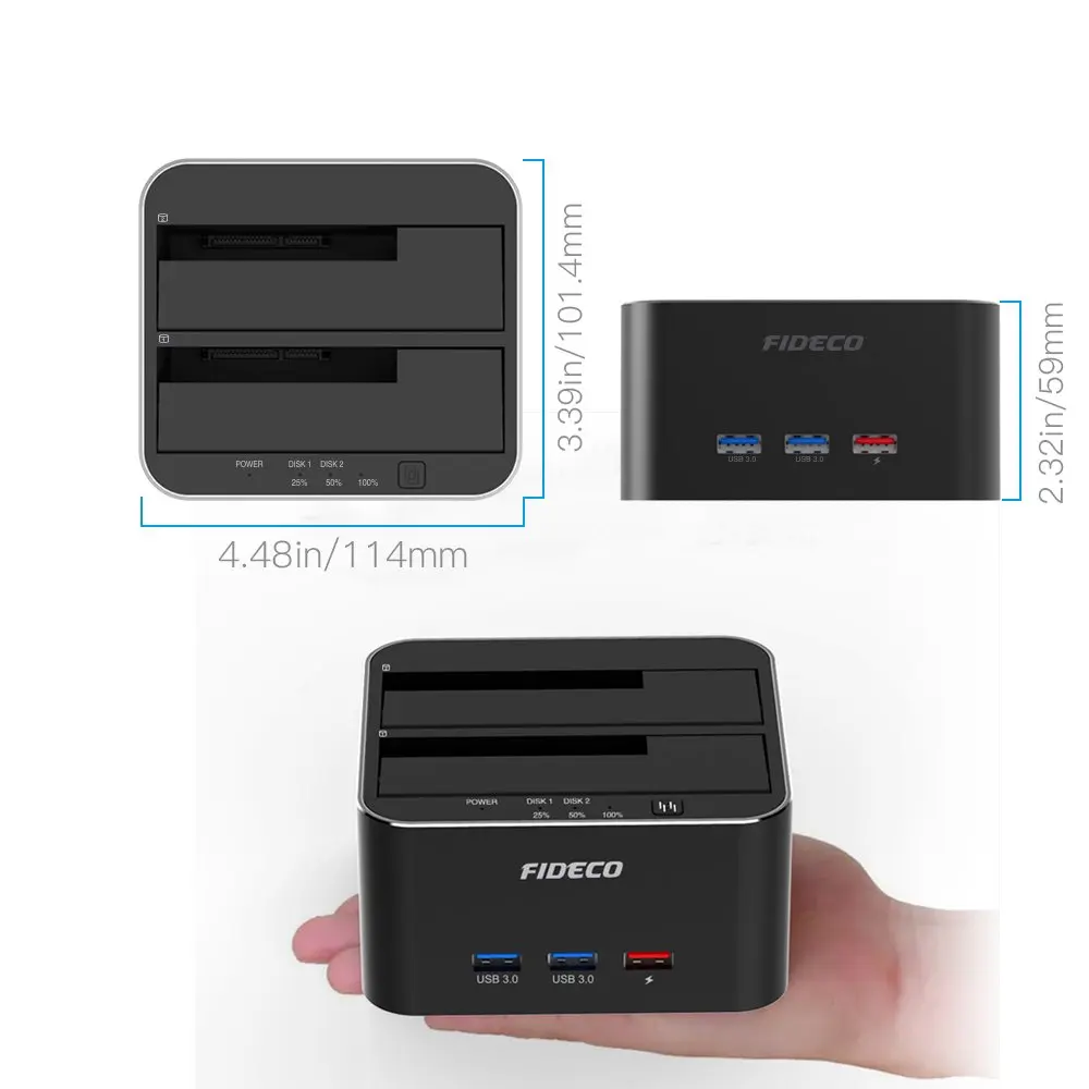 FIDECO Usb External Duplicator 12V 3A Dual Bay Sata Hard Drives Disk Dock Clone Usb 3.0 Hub Hdd Docking Station Clone