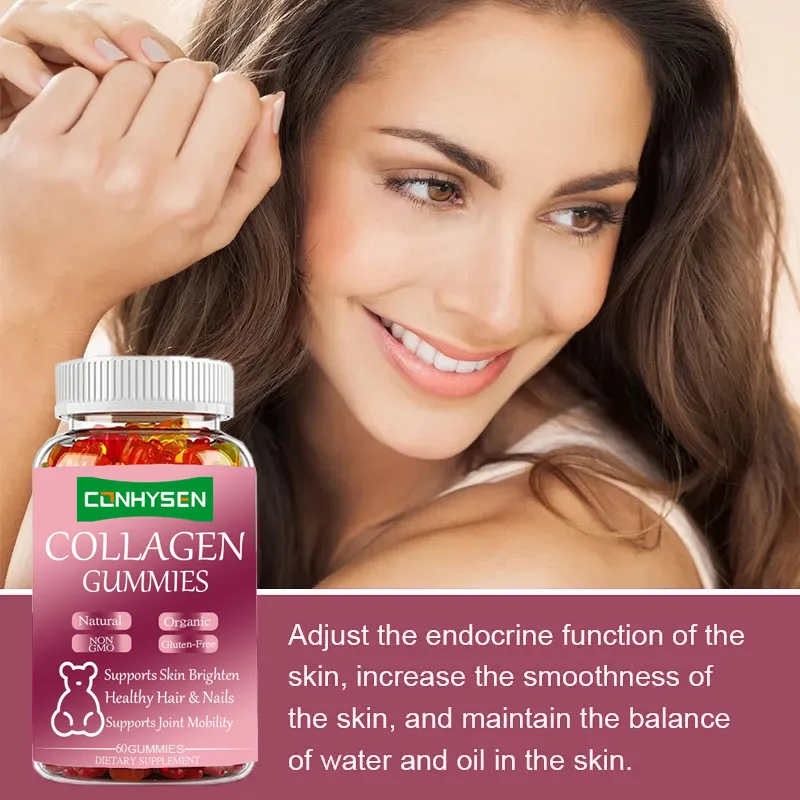 Improve Hair Skin Healthy Food Supplement Beauty Collagen Gummies Customized Private Label Sugar 60pcs Bottled Candy
