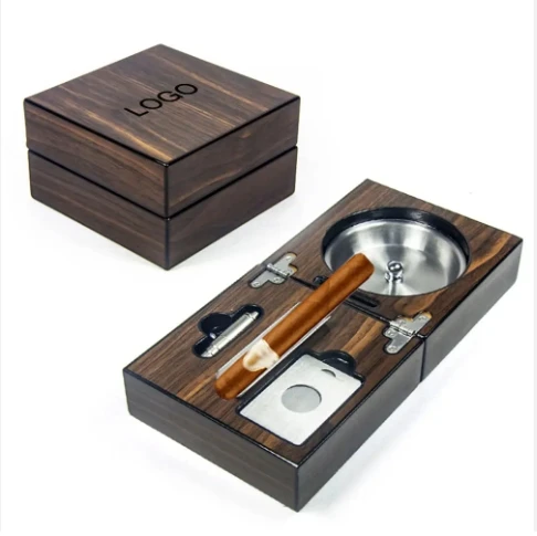Luxury High Quality Walnut Folding Wooden Cigar Ashtray With Cutter
