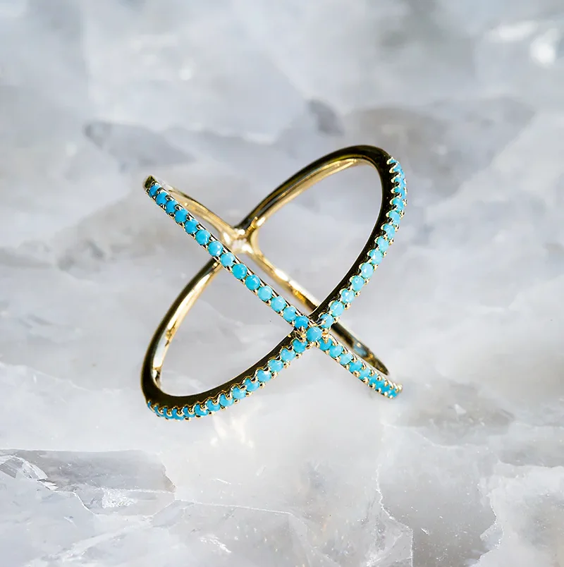 custom delicate edgy Natural  gemstone 925 Sterling silver gorgeous handset faceted X turquoise ring for women girls