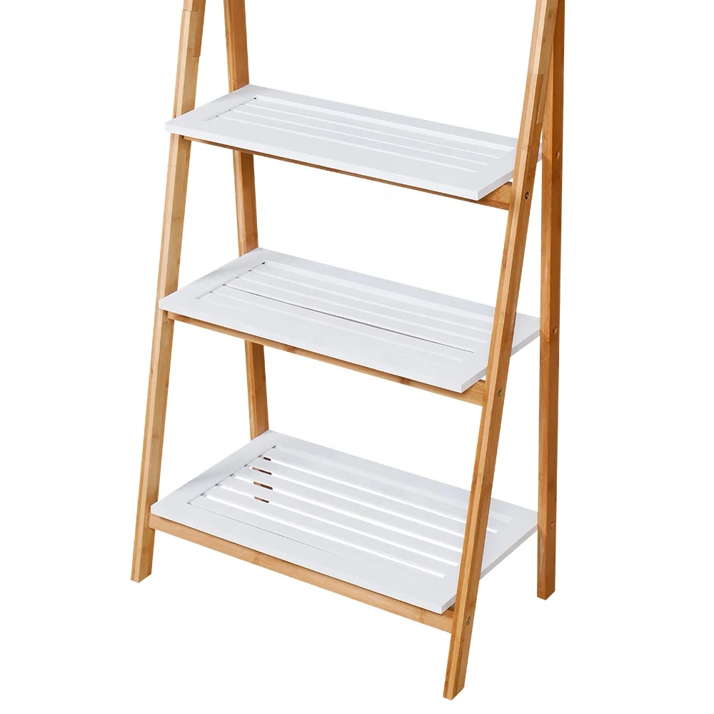 OEM free standing bamboo wood folding hanging ladder shelf towel rack