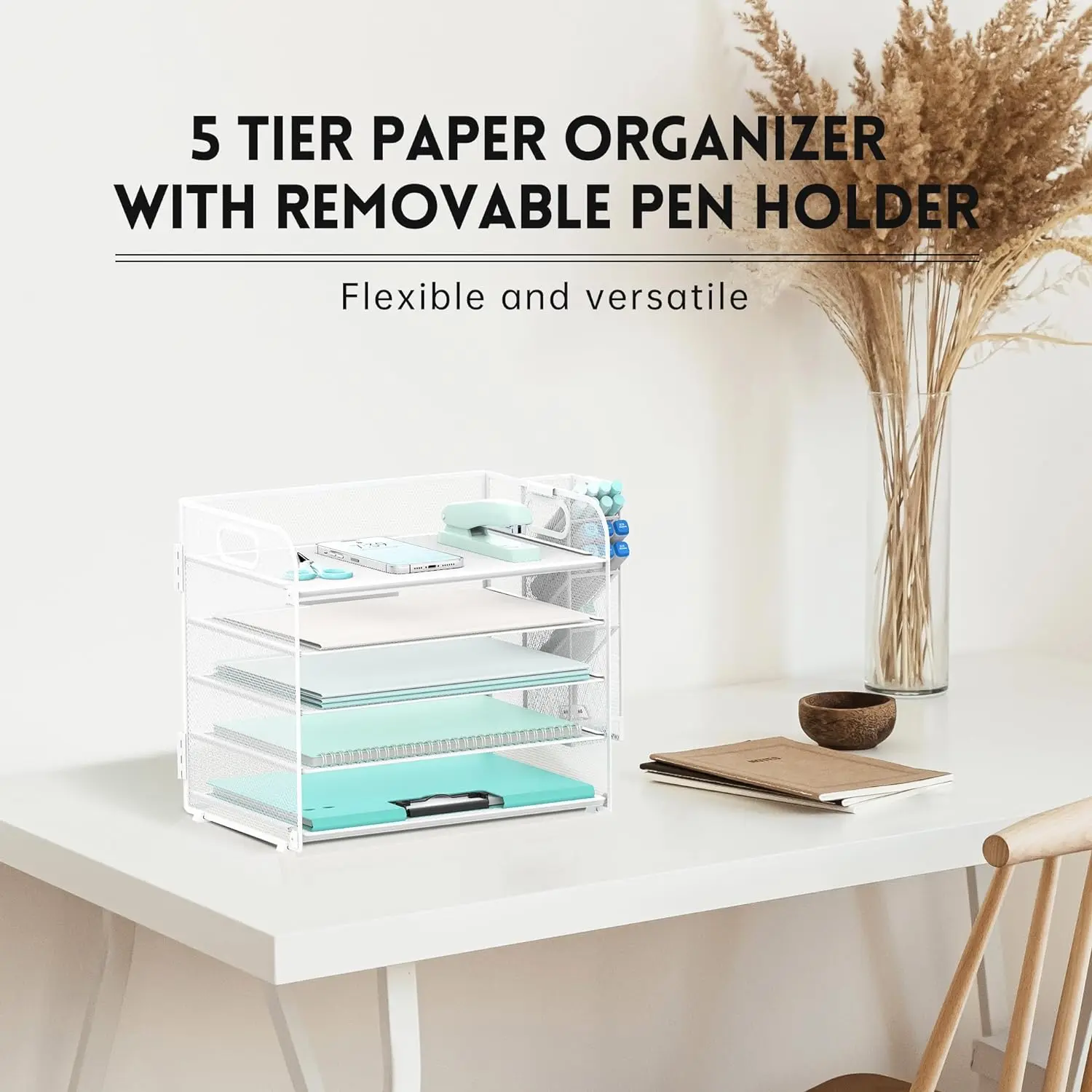 Office Supplies  White Metal Mesh 5 Tier Desk Organizer with Handle & Removable Pen Holders, Paper Letter Tray Organizer