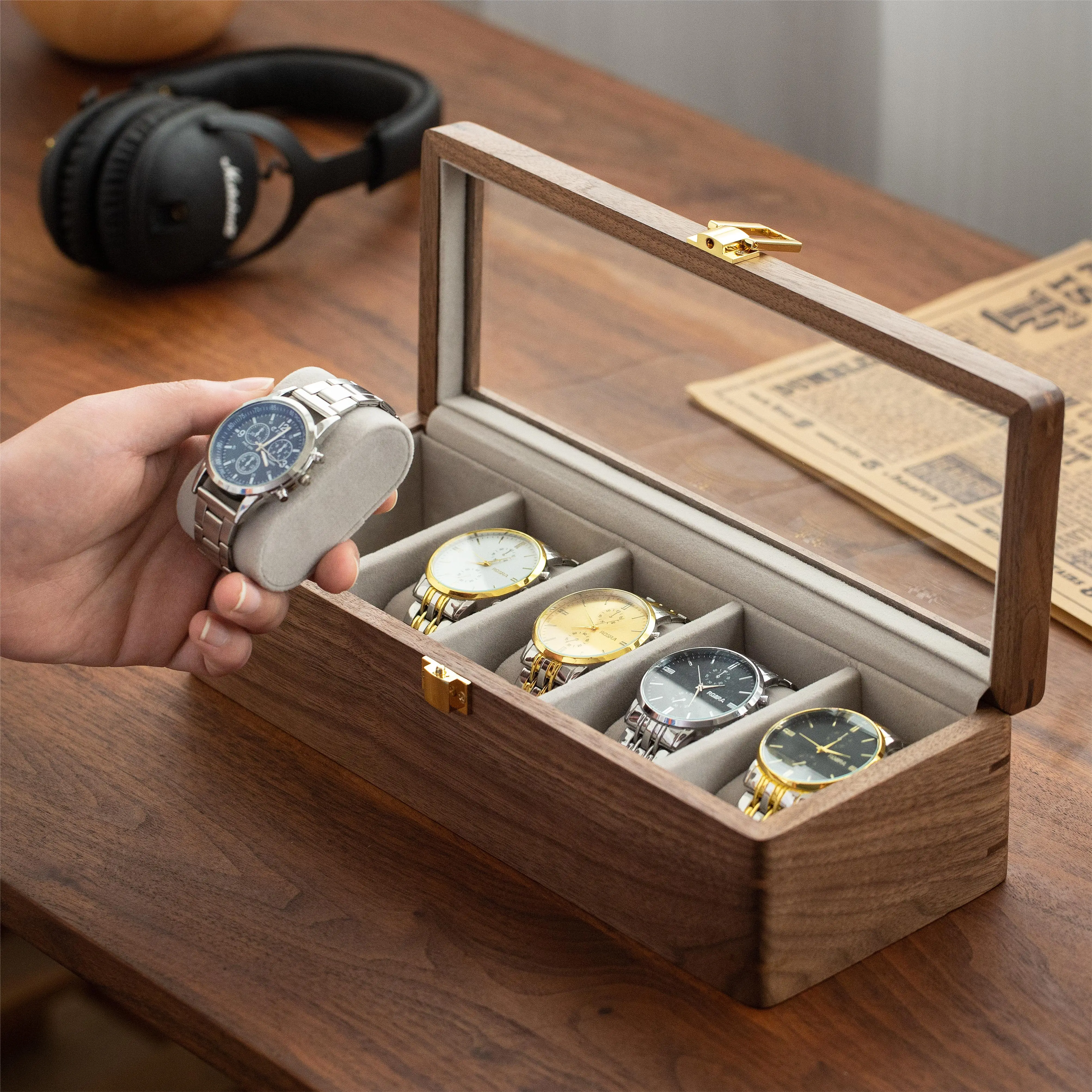 Wholesale Solid Walnut Elegant 5-Slot Watch Box Premium Jewelry Organizer for Watch Storage
