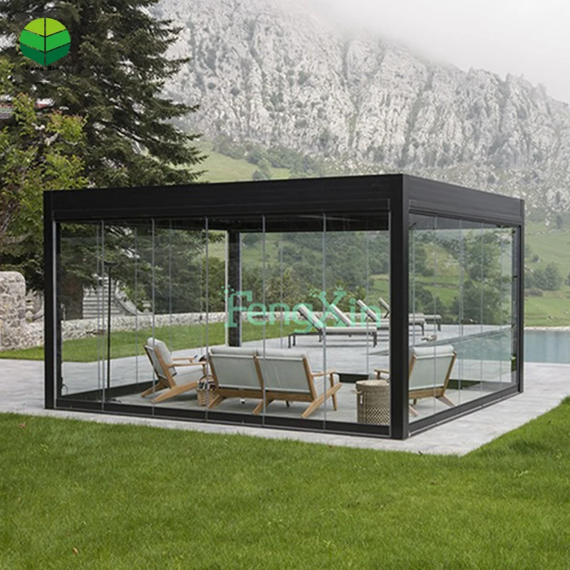 Metal Louvered Pergola Garden Furniture Pergola Awnings Privacy Screen Pergola Roof Bioclimatic Cover Gazebo with LED & Curtain