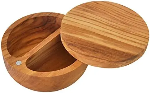 Olive Wood Salt Box Round Wooden Salt Keeper With Lid Olive Wood Seasoning Box Salt and Pepper Keeper