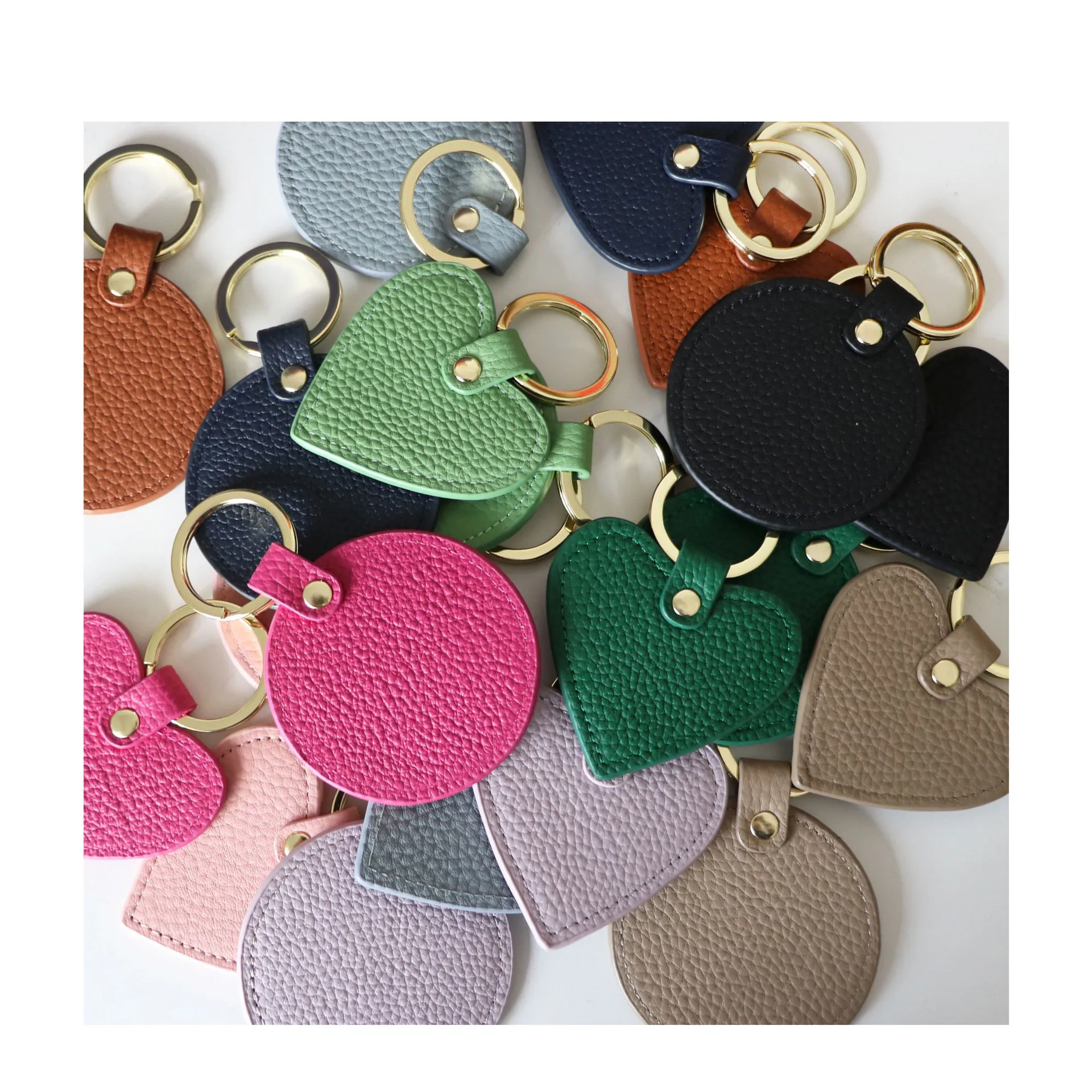The Latest Versatile Simple Luggage Pendant Multi-color Optional Heart-shaped Round Real Cowhide Litchi Pattern Key Chain