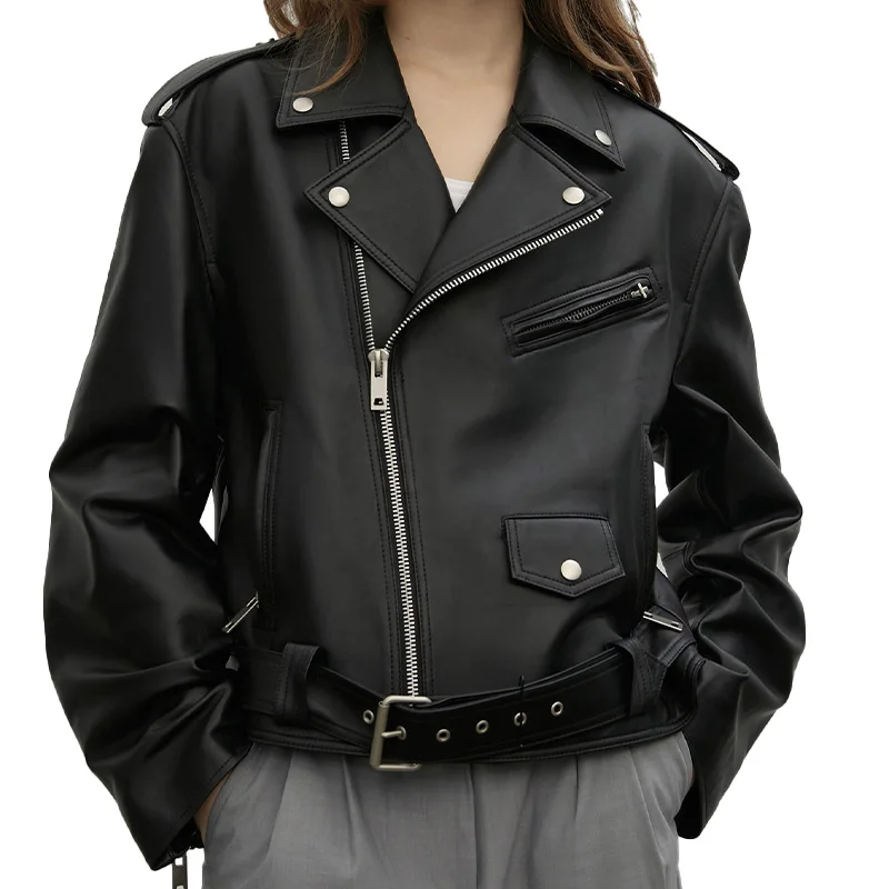 Wholesale Cropped Luxury Women Real Sheepskin Leather Jackets with Zippers