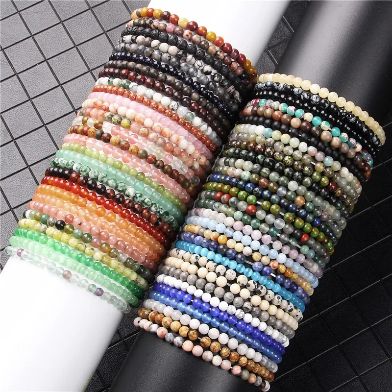 4mm Hot sale Crystal Natural Lava Stone Bead Friendship Bracelet Women Men Agate Opal Gemstone Beaded Charm Bracelet For Gift