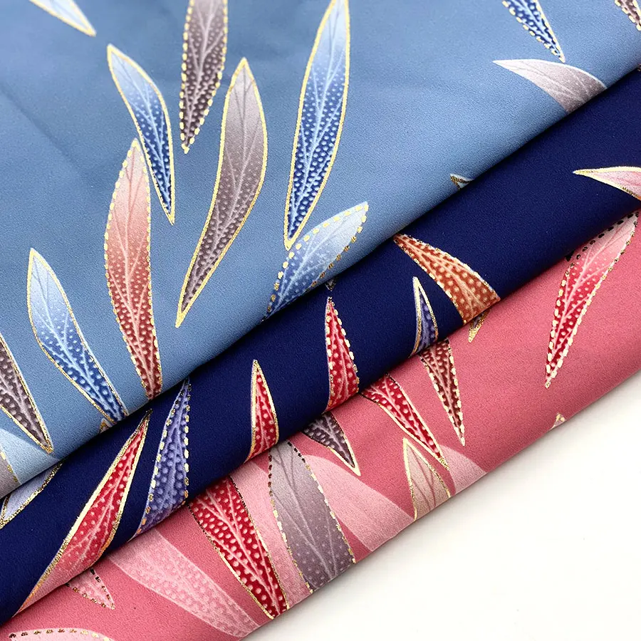 Manufacturer price women dress cloth faille salix leaf outline gold metallic printing poly georgette fabric