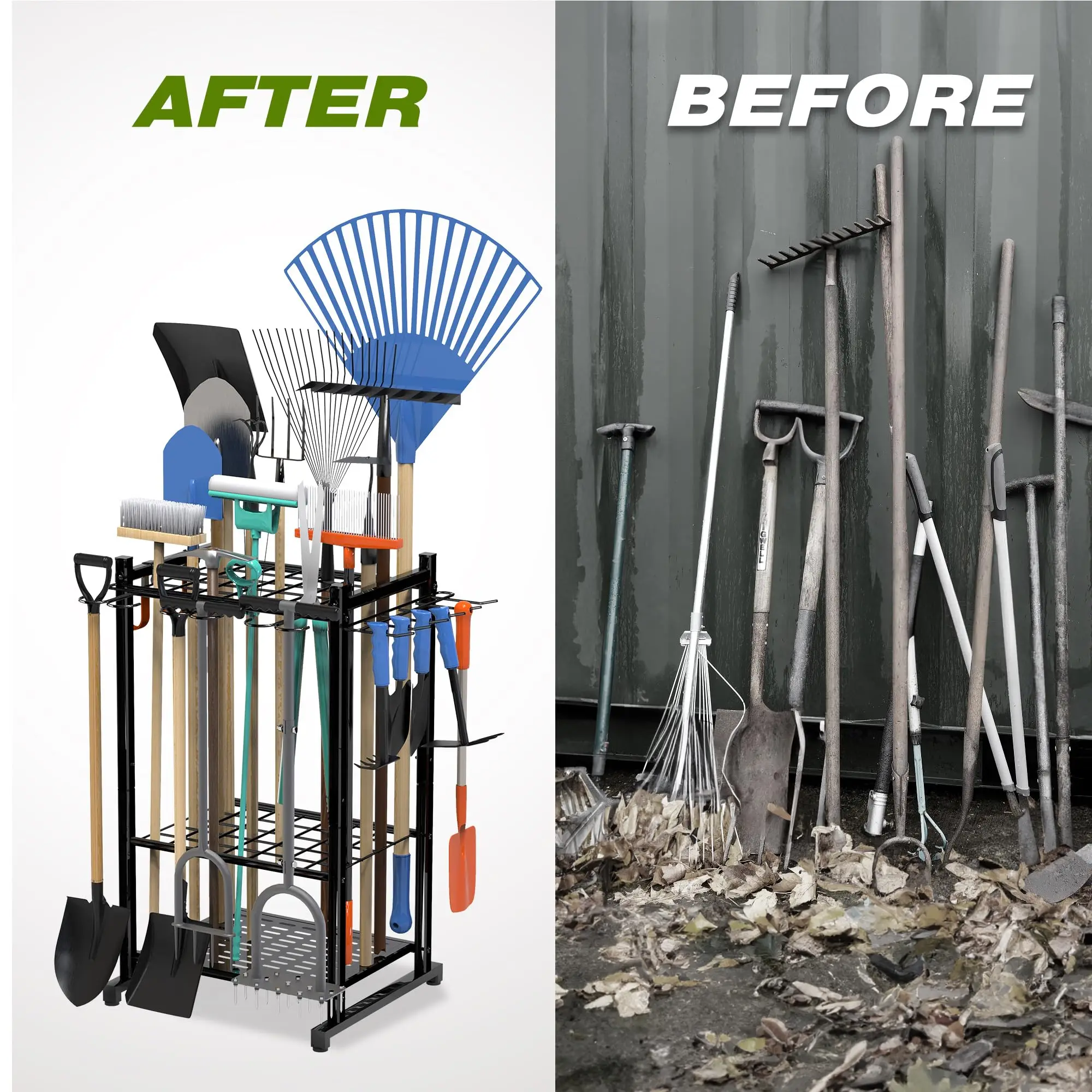 Black 3 Tiers Yard Tool Organizer Rack With 9 Hooks For Garage Multi-function Heavy Duty Garden Tool Storage Rack