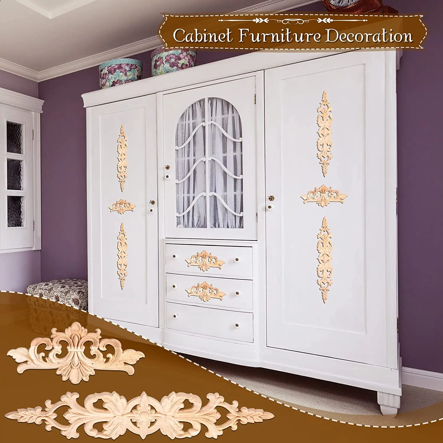 Wood Appliques Onlays Carved Long Decorative Wood Applique Trim Wooden Decal Corner Frame for Furniture Cabinet Dresser Bed Wall
