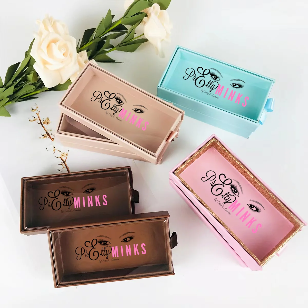 Wholesale Nude And Brown Lash Box Private Label Pvc Drawer Pull Out Custom Lash Packaging Magnetic Empty Eyelash Box