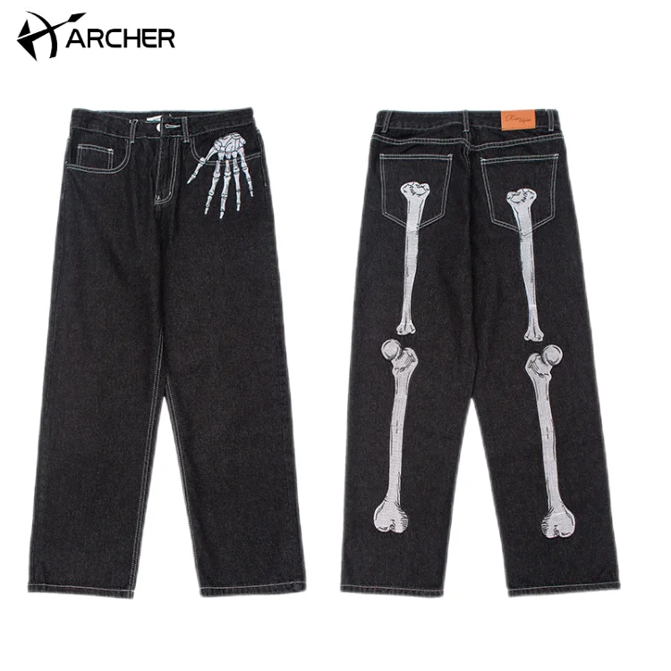 Custom Black Skeleton Embroidered Baggy Jeans Man Loose Wide Leg Fashion Casual Denim Straight Fit Jeans Men