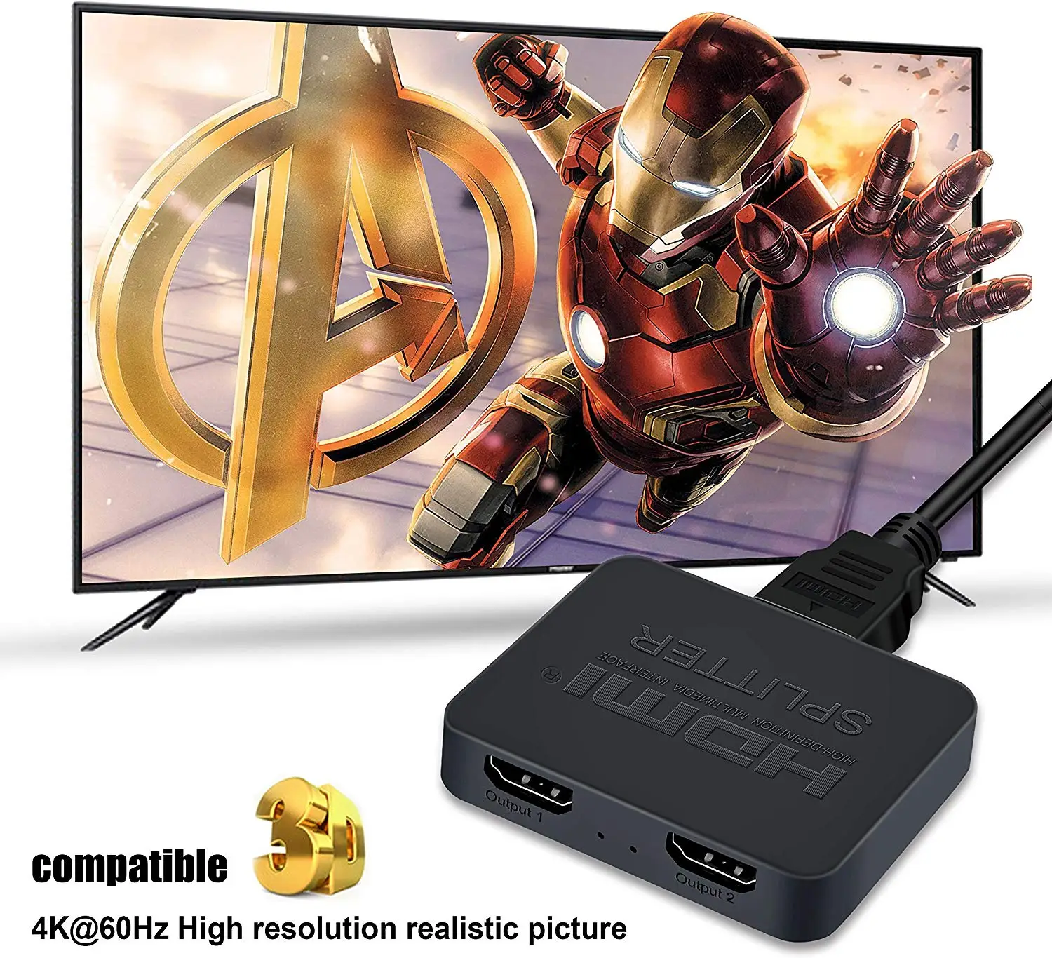 HDMI Splitter 2port for Dual Monitors Duplicate Mirror 1x2 HDMI2.0 Splitter 1 to 2 Amplifier with Scalar