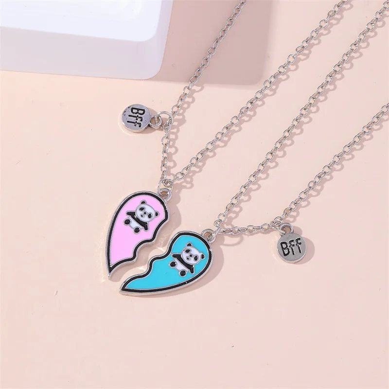 New style BFF best friend series cute little panda print heart splicing pendant fashion jewelry necklaces