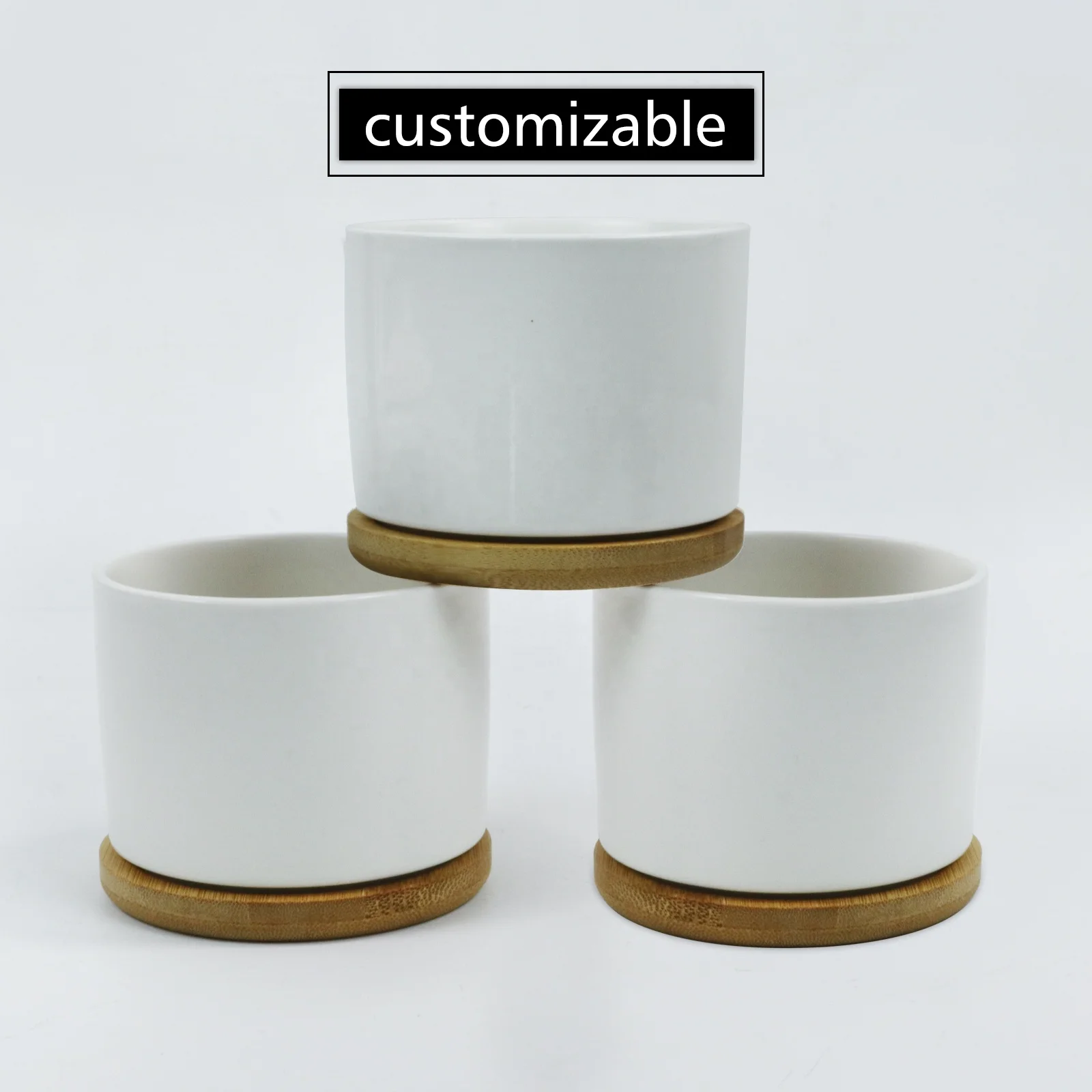 Wholesale Sublimation Blank Coated Custom Succulent Planter Ceramic Flower Planter Pot with Bamboo Tray Desk Flowerpot in Bulk