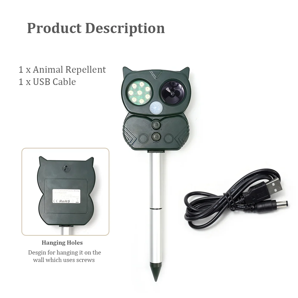 2023 New Solar Animal Repeller 5 Gear 8 LEDs Infrared Sensor Owl Ultrasonic Bird Cat Dog Beer Repeller IP65 Outdoor Garden