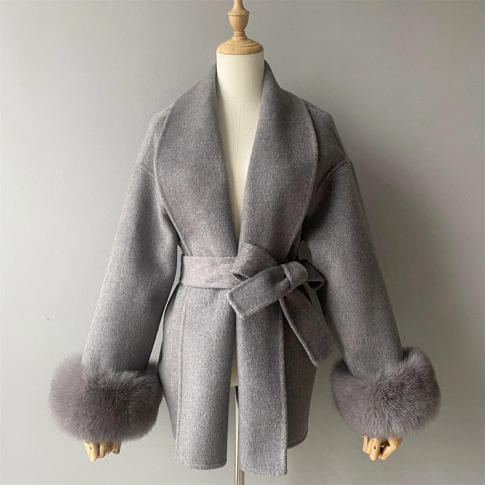 Custom Handmade Outdoor Winter Belted Double Faced Women Classic Cashmere Coat Luxury Real Big Fox Fur Cuff White Wool Coat