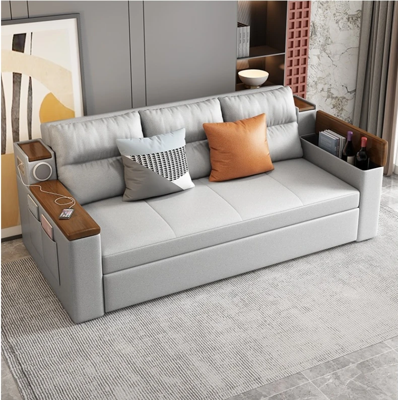 2024 Modern fabric folding chair sleeper wooden living room multifunctional divan three seat with storage sofa beds