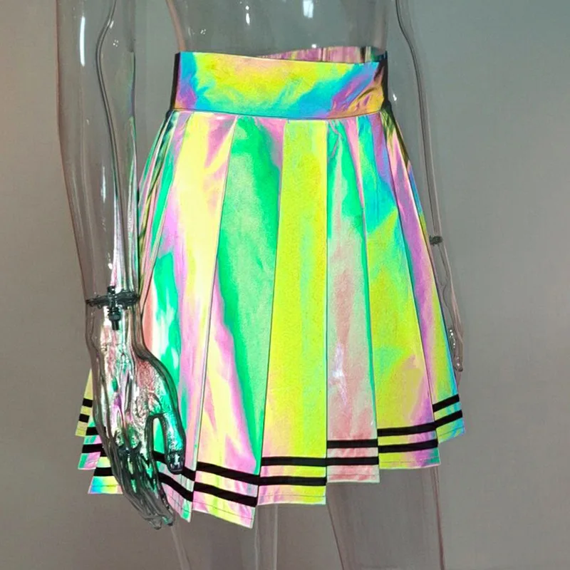 Free shipping  Stylish women reflective pleated skirt  polyester sexy fashion micro A line young girls hot mini skirt