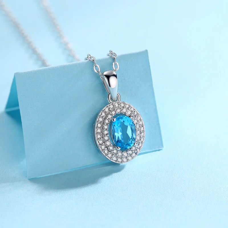 New Arrival Classic Style 925 Sterling Silver 1 Carat Oval Blue Topaz Necklace For Woman Fine Quality Lady Necklace Jewelry
