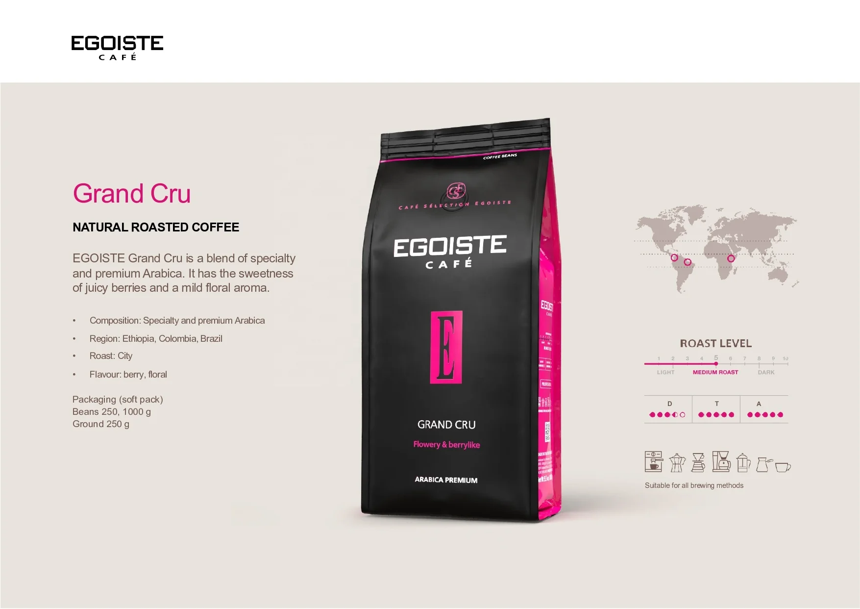  Жареные кофейные зерна премиум-класса egoместа Grand Cru Arabica 250 г в