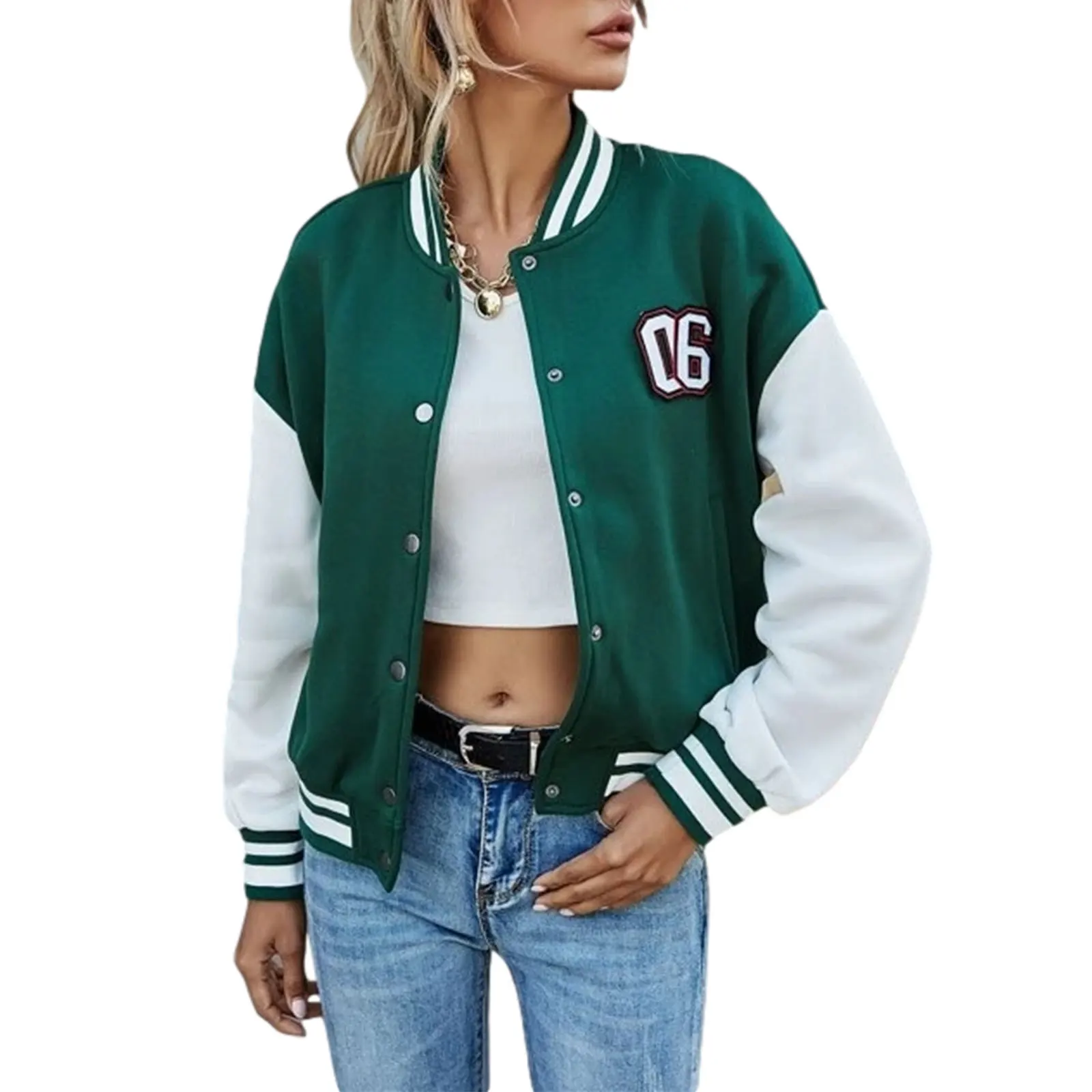 Wholesale Drop Shoulder High School Colorblock Long Sleeve Varsity Jackets Custom For Women