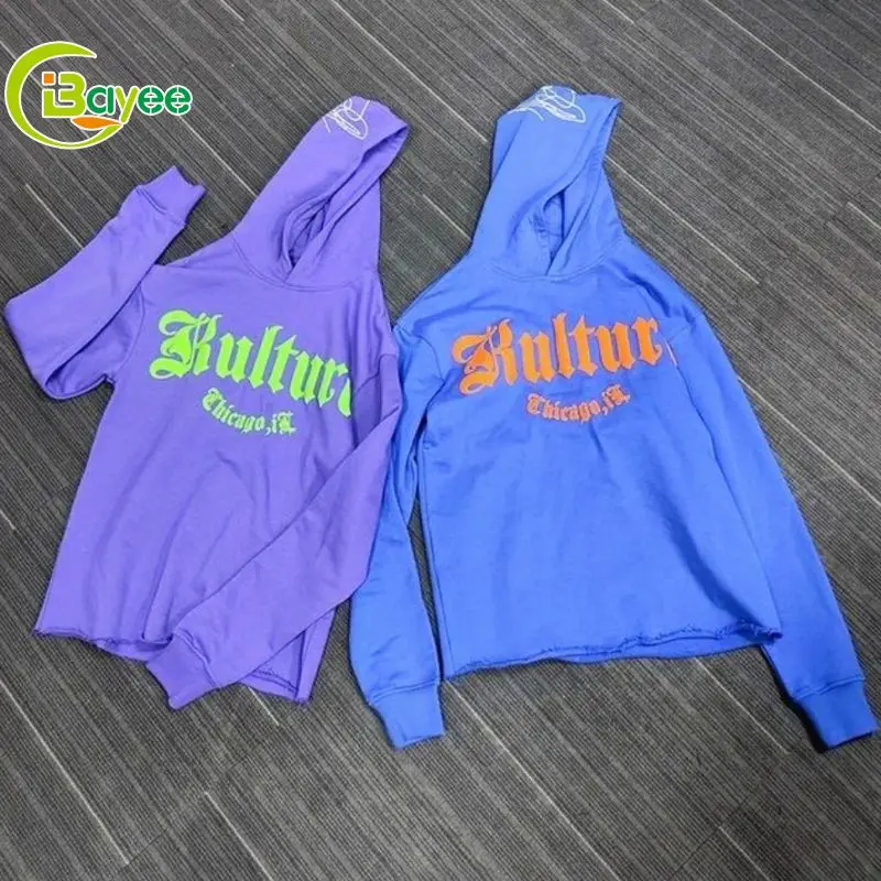 Oem Manufacturer Street Wear Cut Edge Raw Hem Crop Top Pullover No Stings Cropped Hoodie Men Custom Logo 3D Puff Print Hoodies