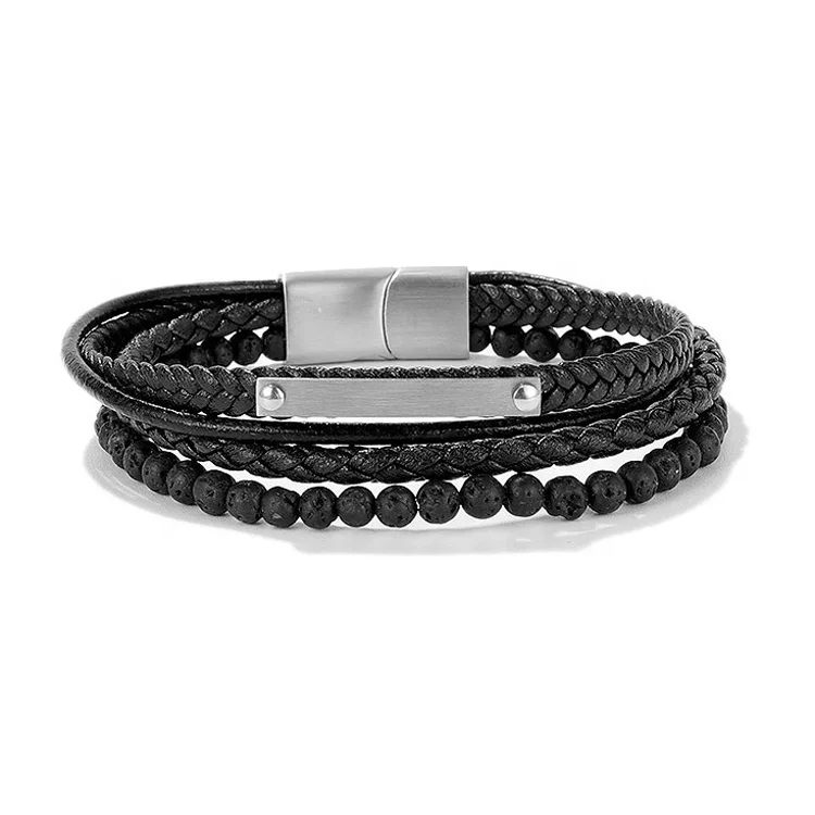 Black Lava Tiger Eyes Custom Stone Beads Bracelet Armband Stainless Steel Magnetic Clasp Bangle Jewelry Leather Bracelet For Men