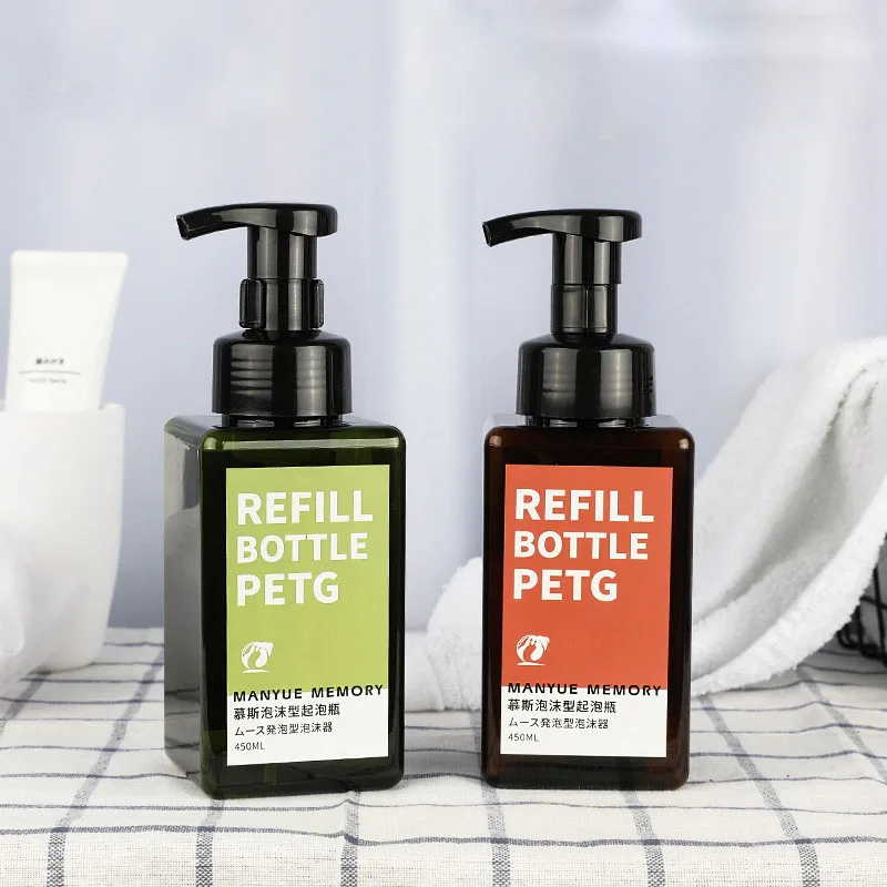 Popular Ins Style 450ml Square Amber Plastic PET foam liquid soap bottles / hand sanitizer