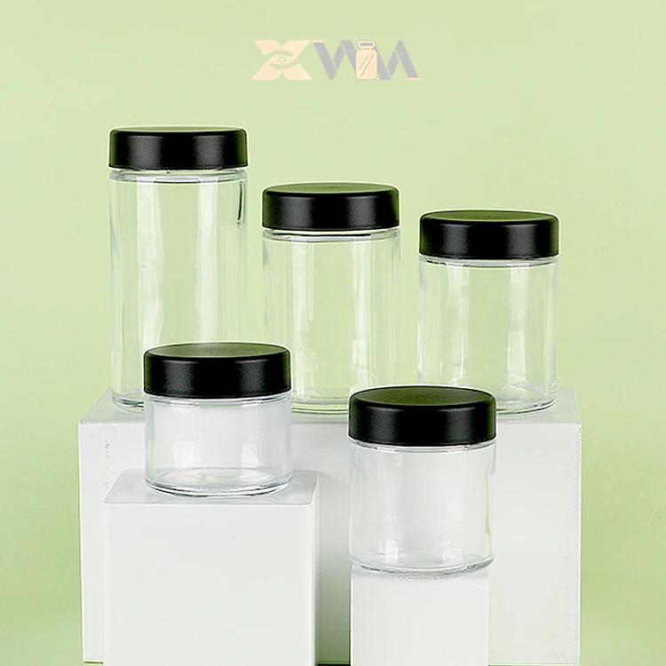 Custom 1oz 2oz 3oz 4oz Clear Wide Mouth Glass Bottle Container Smell Proof Child Resistant Glass Jars with Magnifying Lids