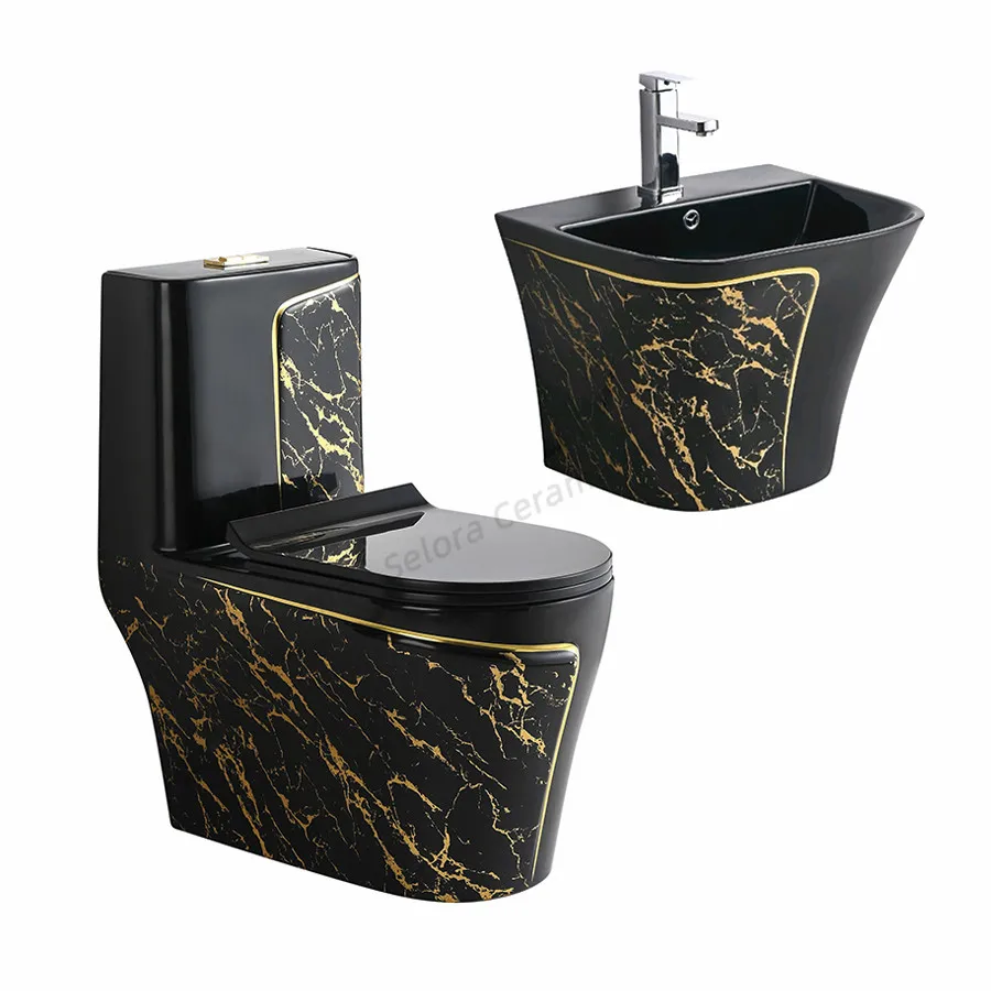 Golden Luxury Bathroom Sanitary Ware Suite Wc One Piece Ceramic Commode Basin Toilet Bowl Gold Toilet With Pedestal Sink Set