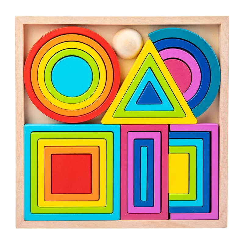 Kids wooden Montessori fidget toys Building blocks toddler art geometric creative jigsaw rainbow Rainbow Nesting Stacking toys
