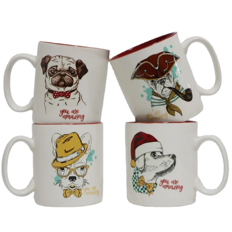 
Eco-friendly Large Straight Shape Stoneware Ceramic Water Cup Wholesale White And Red Glazed Ceramic Mug With Animal Logos 