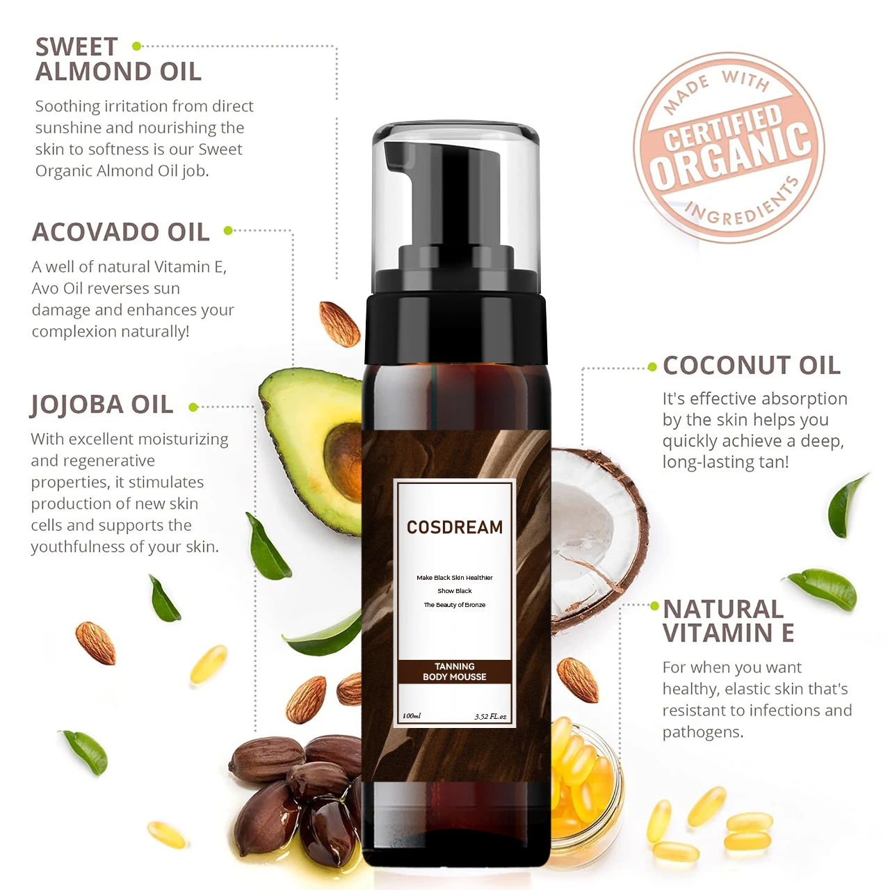 PINHE Tanning body mousse Keeps dark skin glowing Gives the skin a dark glow Tanning body mousse for man and women beauty black