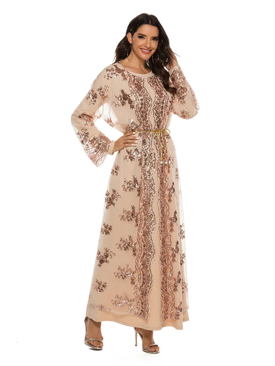 New Arrival Casual Stunning Sequin Evening Muslim Clothing Abaya Kaftan Dress Maxi Long Dress Woman