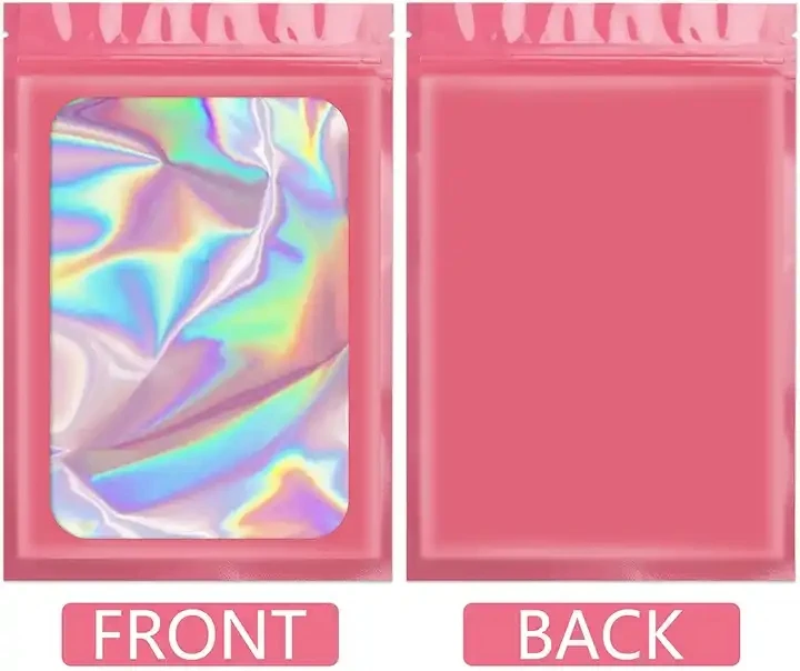 Resealable zipper smell proof food grade aluminum foil sachet black  holographic small pink custom logo mylar bags with window