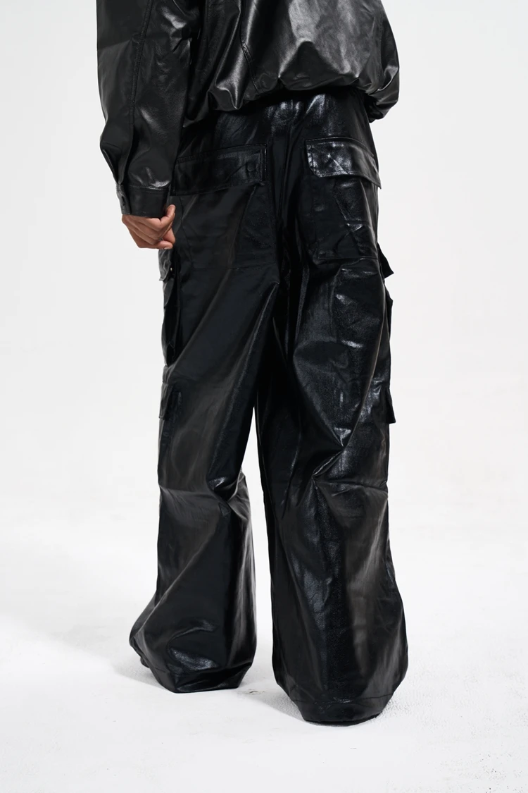 Custom label  drop ship  stock street wear stock baggy pants manufacturer men waxed stacked flared cargo pants