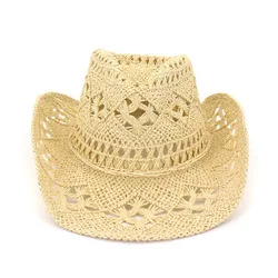New Hollow Spring And Summer Outdoor Men And Women Couple Hat Travel Sunscreen Visor Western Cowboy Hand Woven Straw Hat