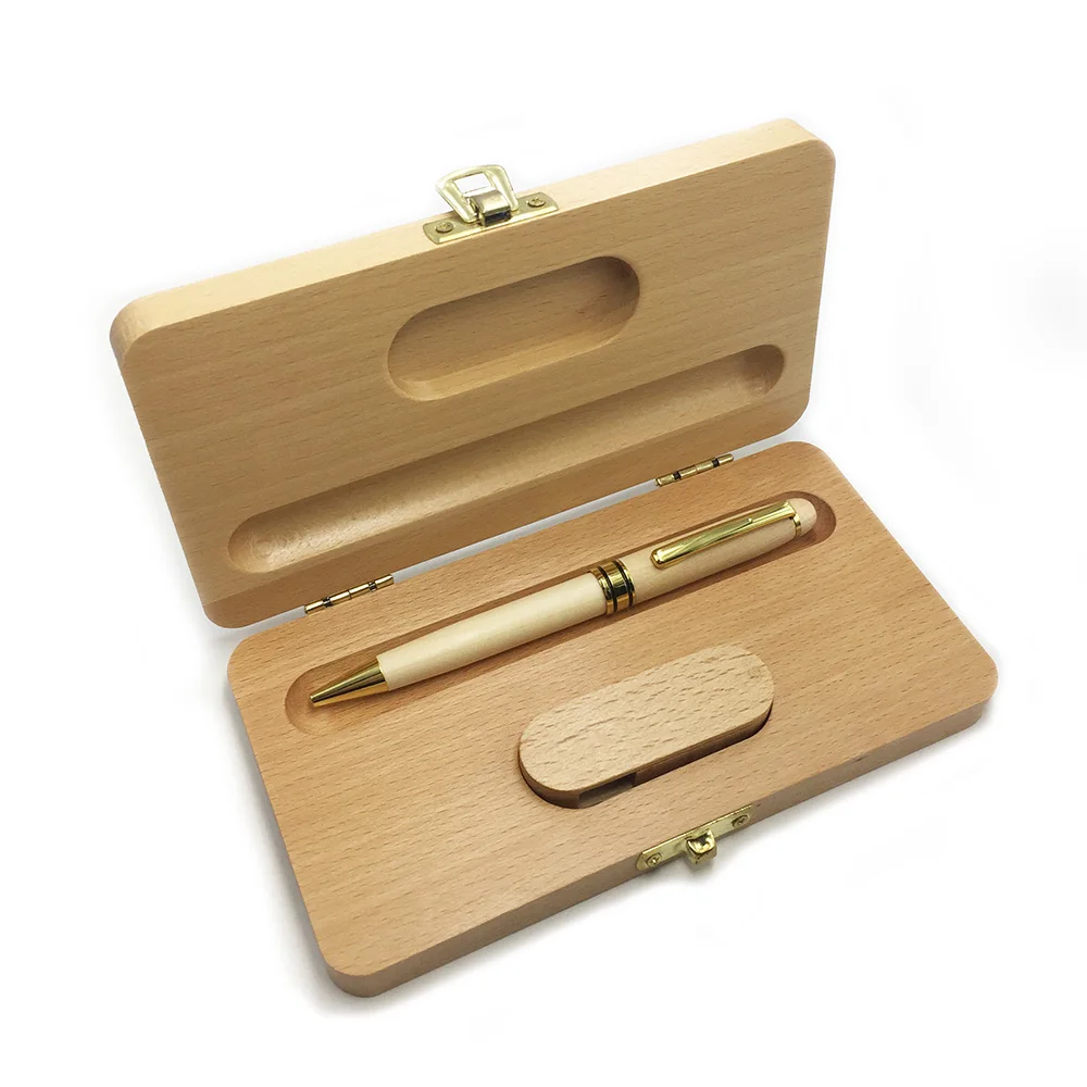 High Quality Luxury Custom Engraved Logo Gift Set Wood Pen USB Flash Drives with Wood Box