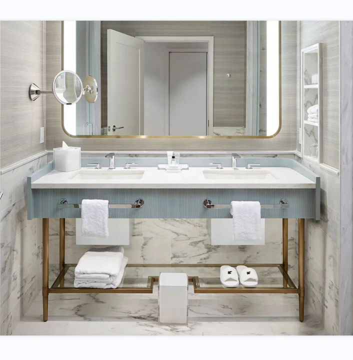 satin brass vanity frame and gold plated bathroom metal furniture for  fashion decoration of hotel and resort renovation