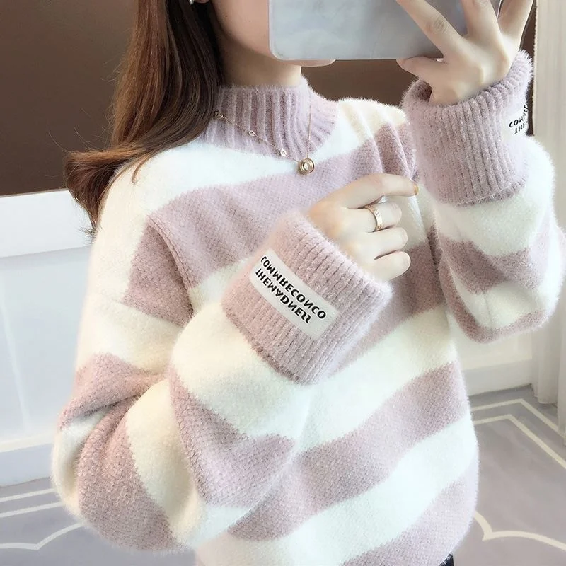 Hot Sales Colorblock Mink Velvet Sweater Pullover Women custom Winter Clothes Half Turtleneck sweater wholesale