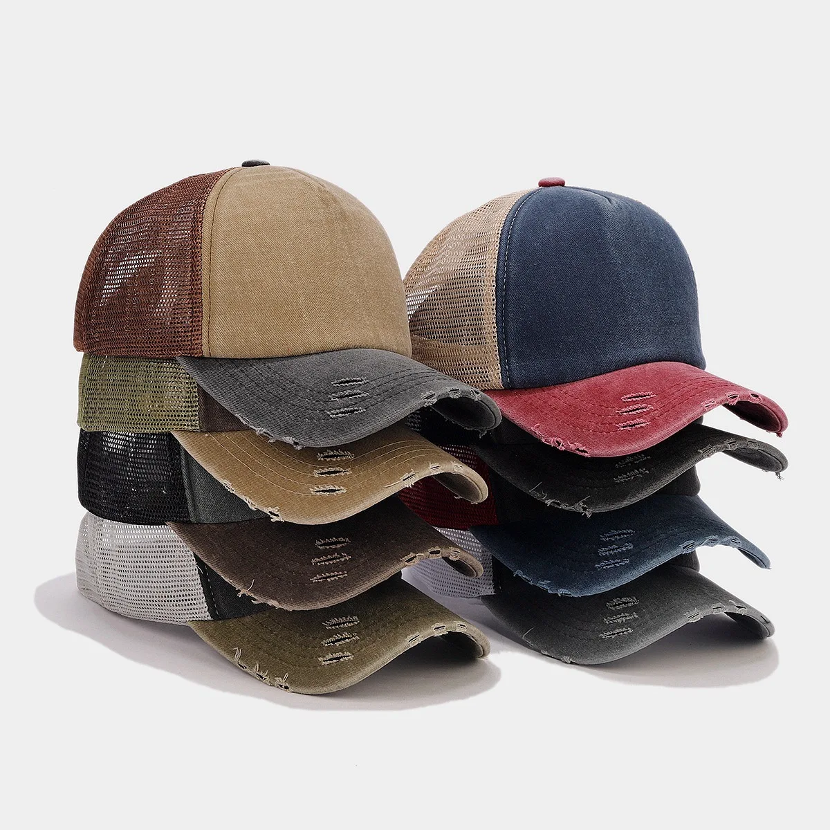 2024 New Arrival Two Tone Color Mesh Trucker Hat 5 Panel Hats Distressed Faded Cotton Dad Hat Sport Baseball cap