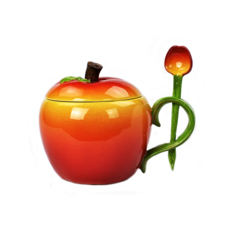 3D Ceramics Fresh Fruit Apple Shape Soup Coffee Mug with Handle Lids and Spoon